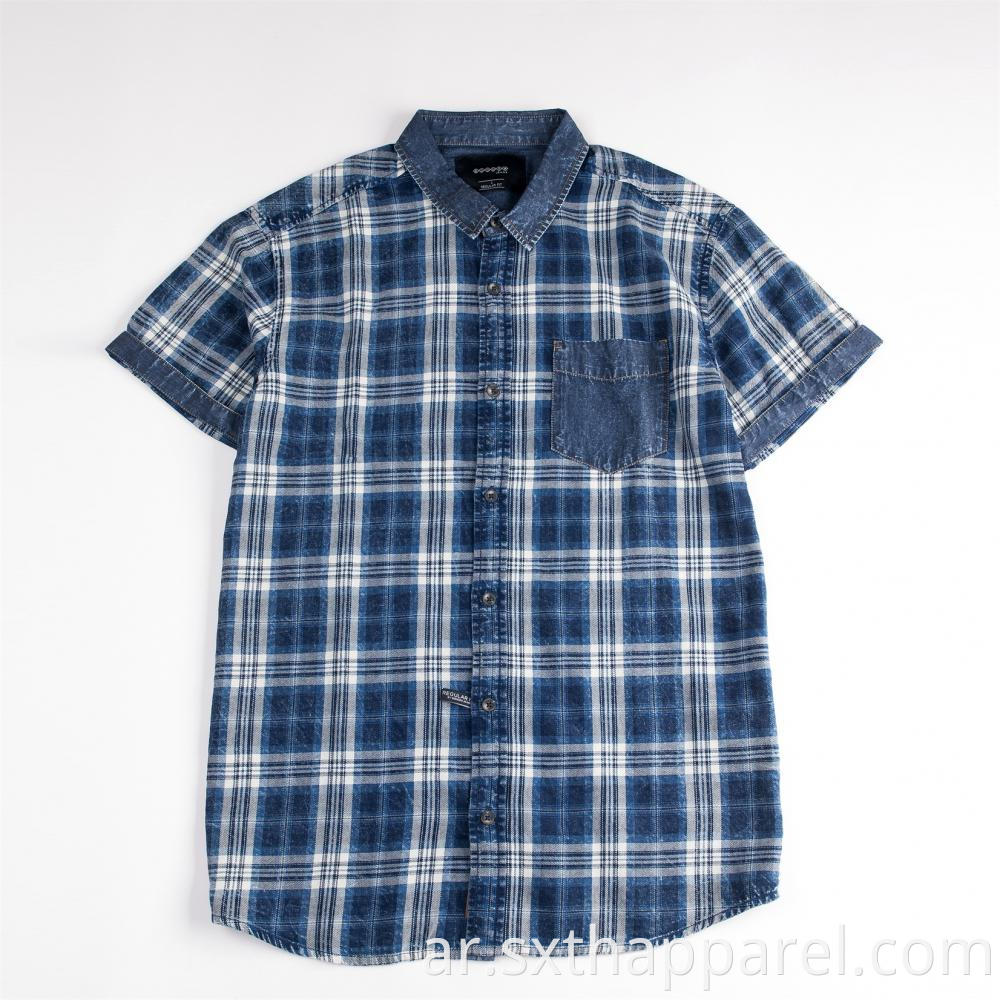 Short Sleeve Denim Twill Plaid Shirt